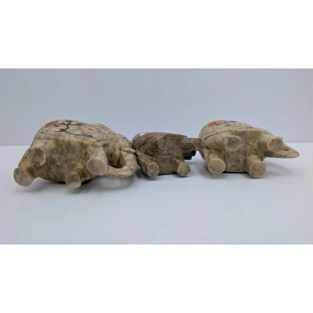 Set of 3 Inlaid Stone Marble (?) Elephants Floral Figurine Lot